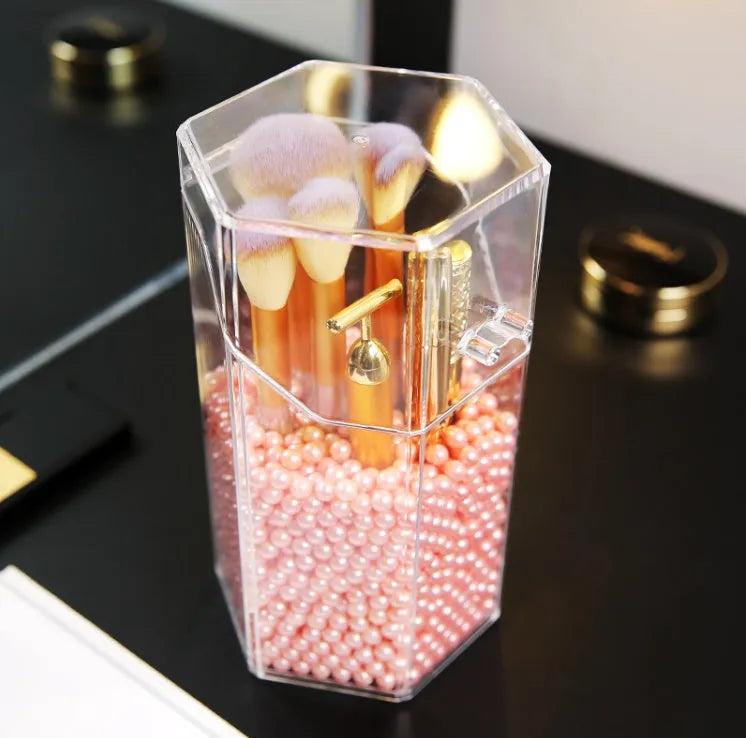 Transparent six-sided makeup brush storage bucket, plastic, 12.5x11x22cm, in pink or white