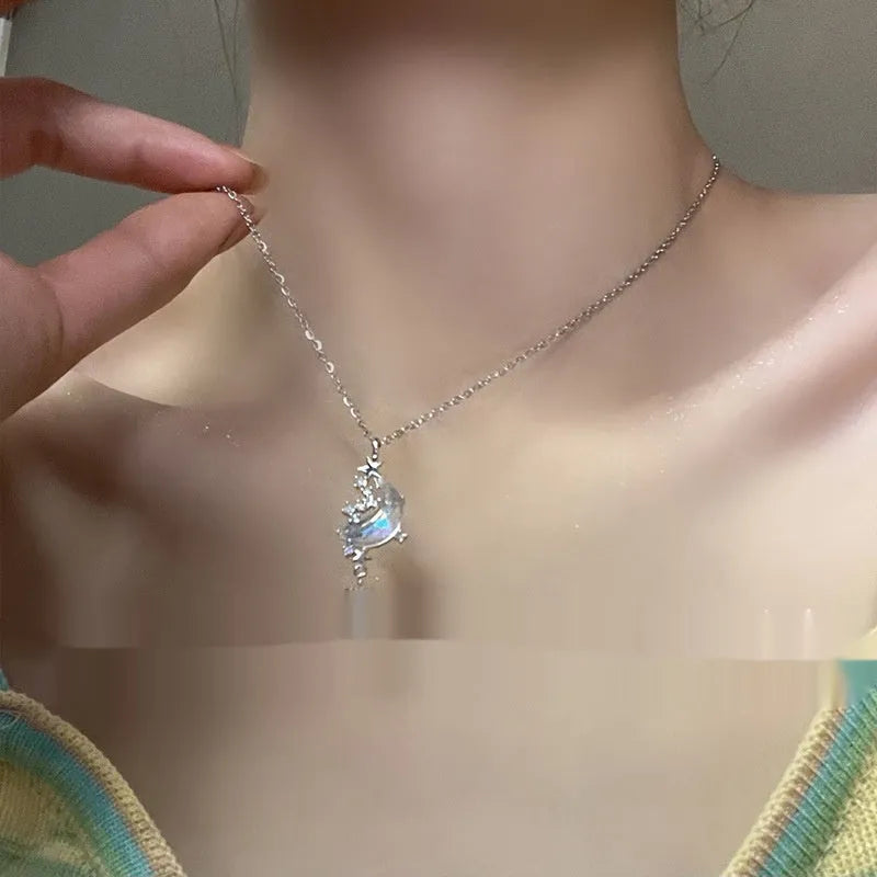 Copper star and crescent moon pendant necklace with tassel, diamond treatment finish, blue or white, on adjustable 31-40cm cross chain