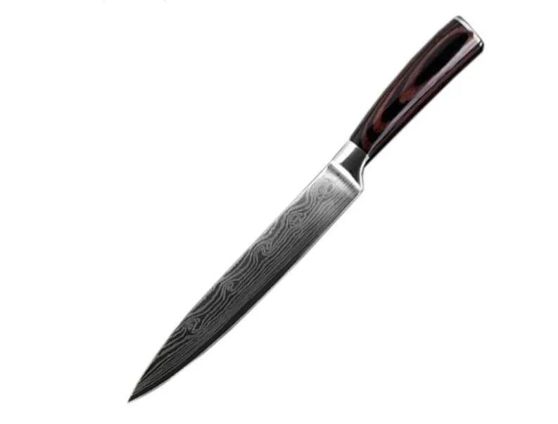 7Cr17 stainless steel kitchen knife with laser Damascus pattern on blade and colour steel handle.