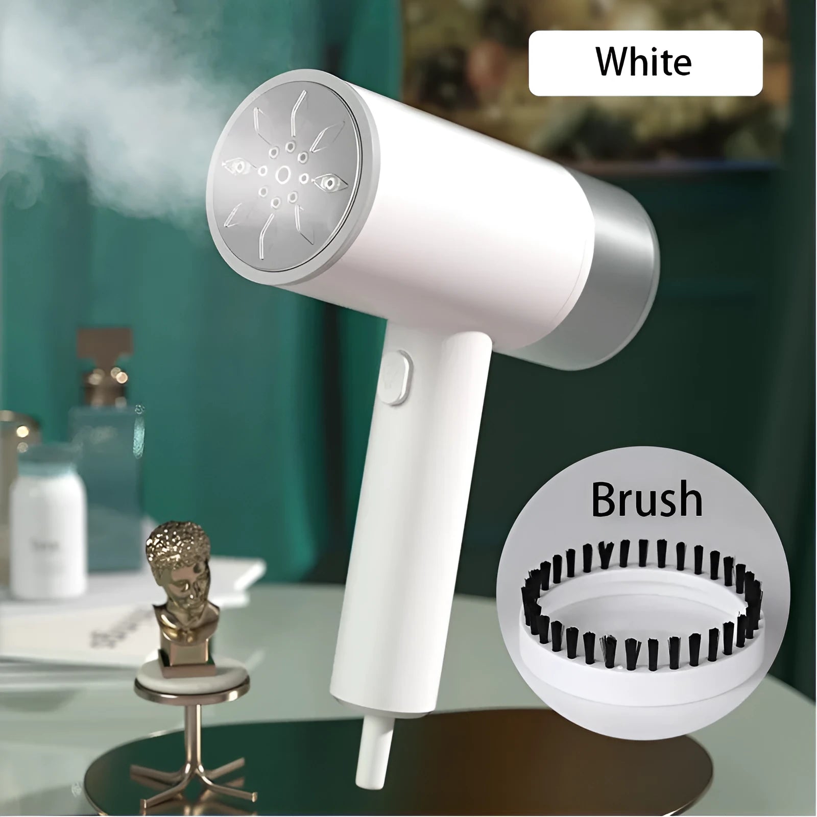 White hand-held hanging ironing machine with stainless steel panel and hook for garment care