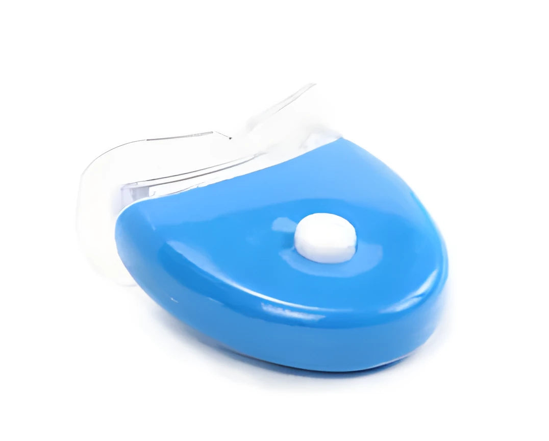 LED teeth whitening kit with wide edge tray and buckle denture system, available in blue, white, or red