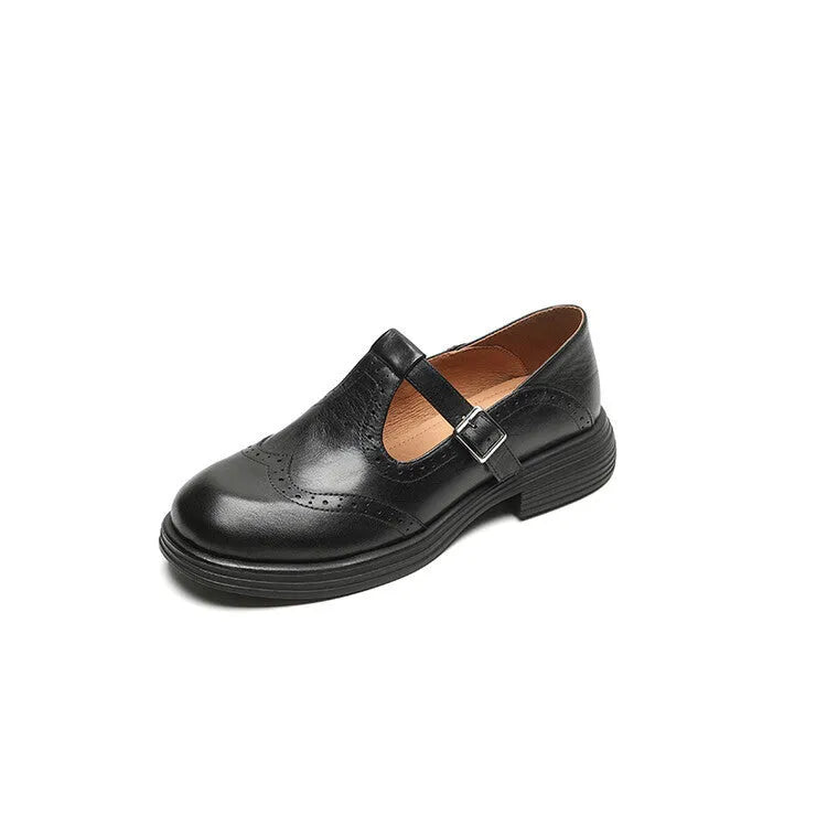 Women's black and brown British style flat shoes with round toe made from sheepskin