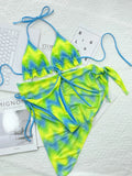 Green tie-dyed women's swimsuit bikini set with bra, briefs, and removable skirt