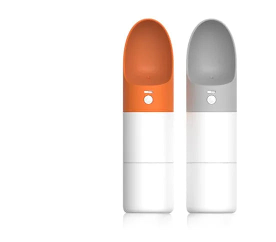 Moestar rocket-shaped pet drinking cup in white with grey or orange accents showing one-button lock mechanism