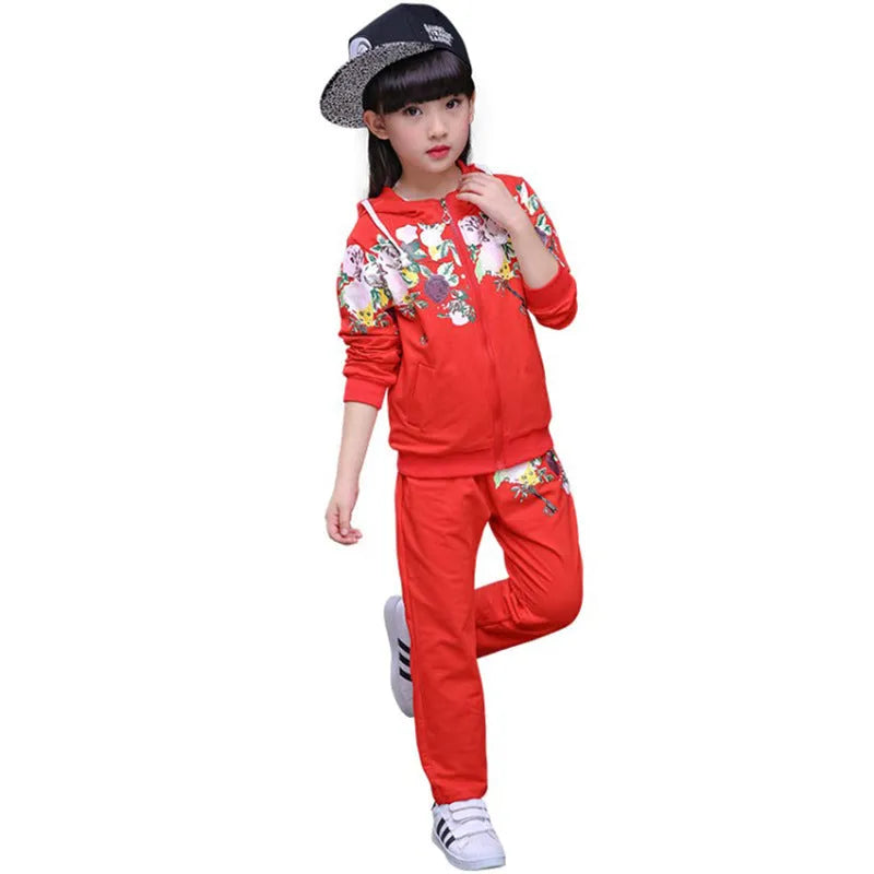 Children's hooded tracksuit set in pink, red or yellow with matching trousers