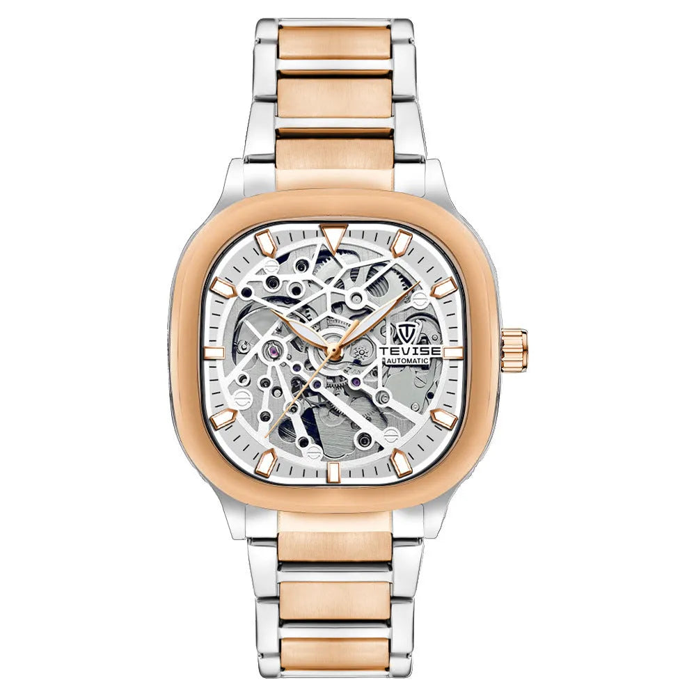 Men's square automatic watch with luminous dial on a stainless steel strap, shown in a blue colour variant.