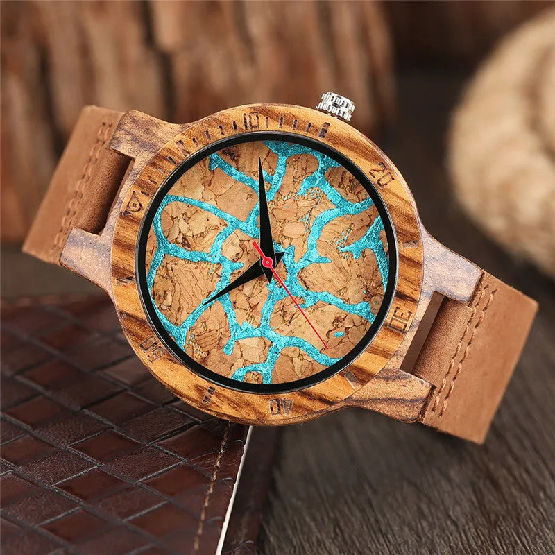 Wood watch with natural wood case, quartz movement, and genuine leather strap, featuring an Earth plate design on the dial.