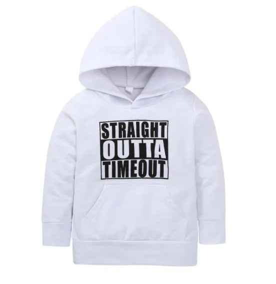Children's black hooded sweater with white letter pattern, long sleeves, and pullover design.