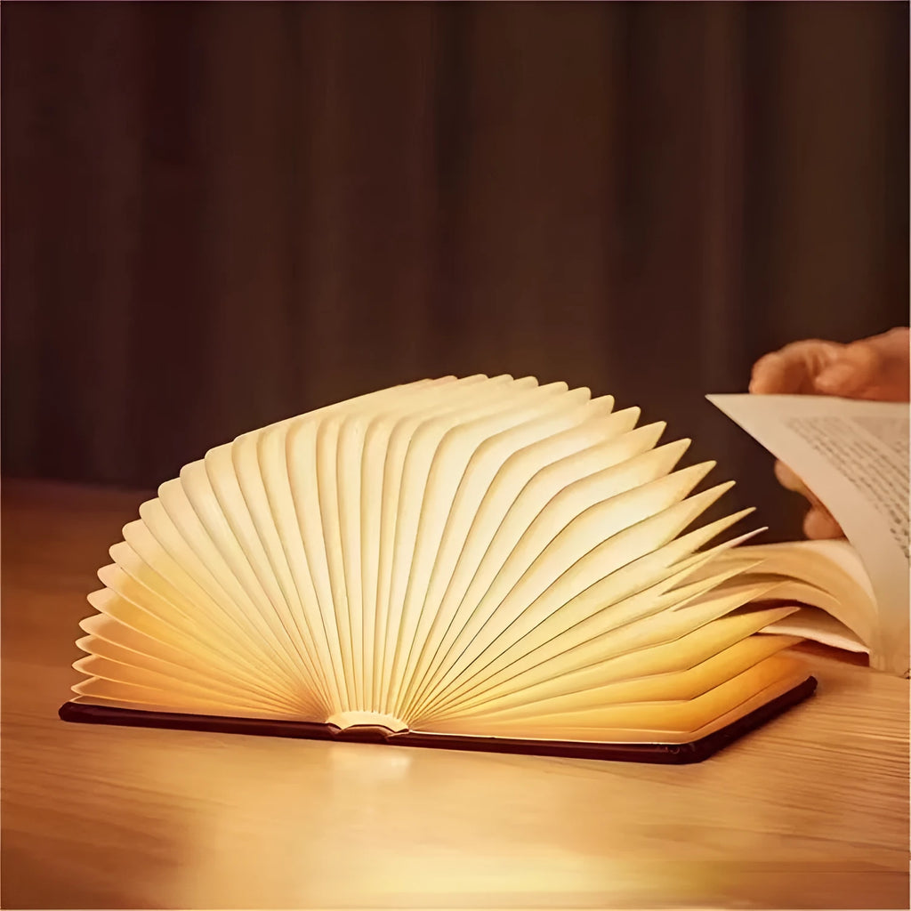 Folding leather book night lamp with tricolour light, small size 10x8x2.5cm, wood grain Hu black finish