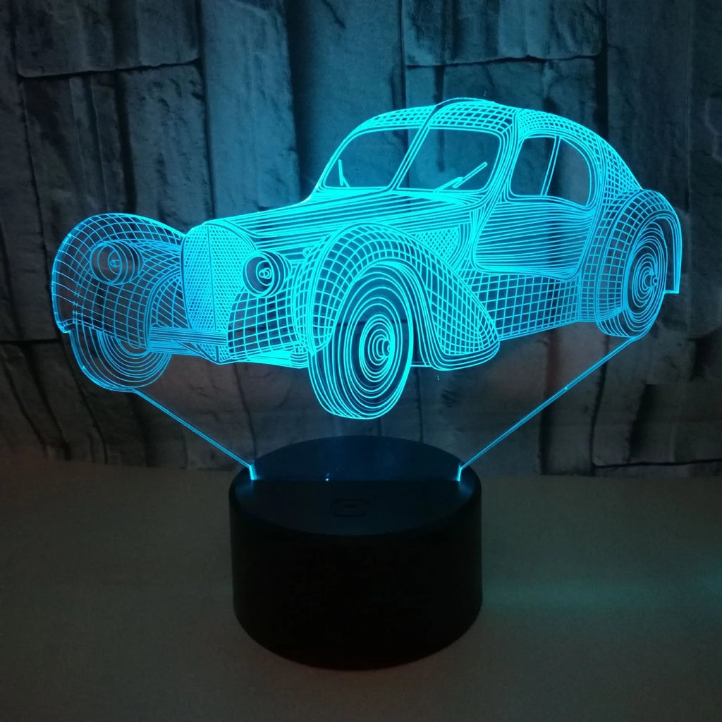 Classic car 3D USB night light with 7 colour touch and remote control on a desk