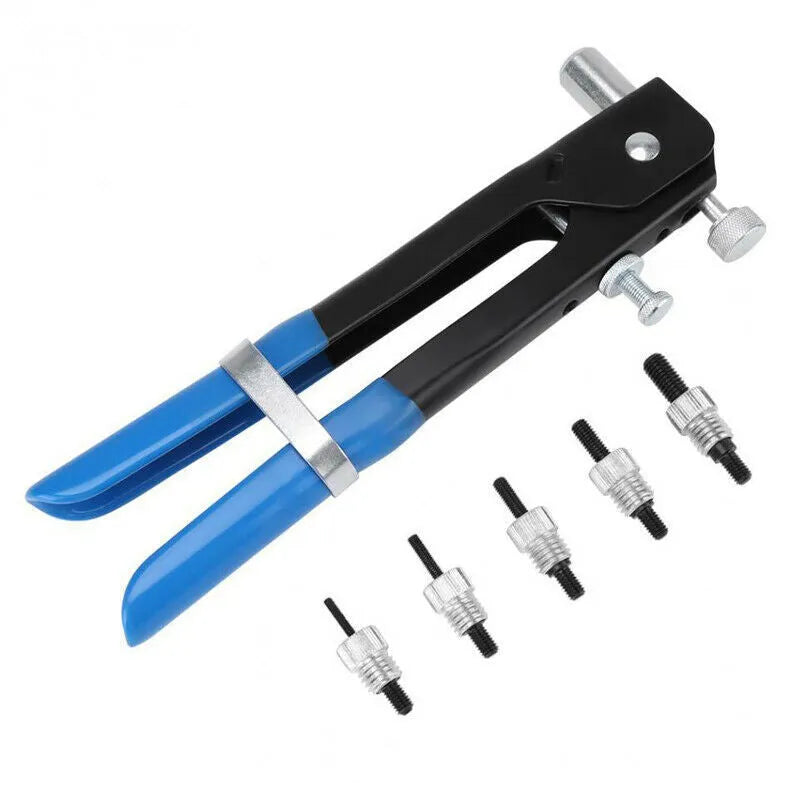 Alloy steel manual riveter nut gun set with nose pieces and mandrels on a workbench.