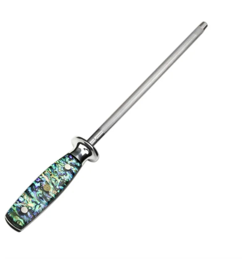 High carbon steel kitchen knife sharpener with abalone shell handle showing 2.2mm thickness