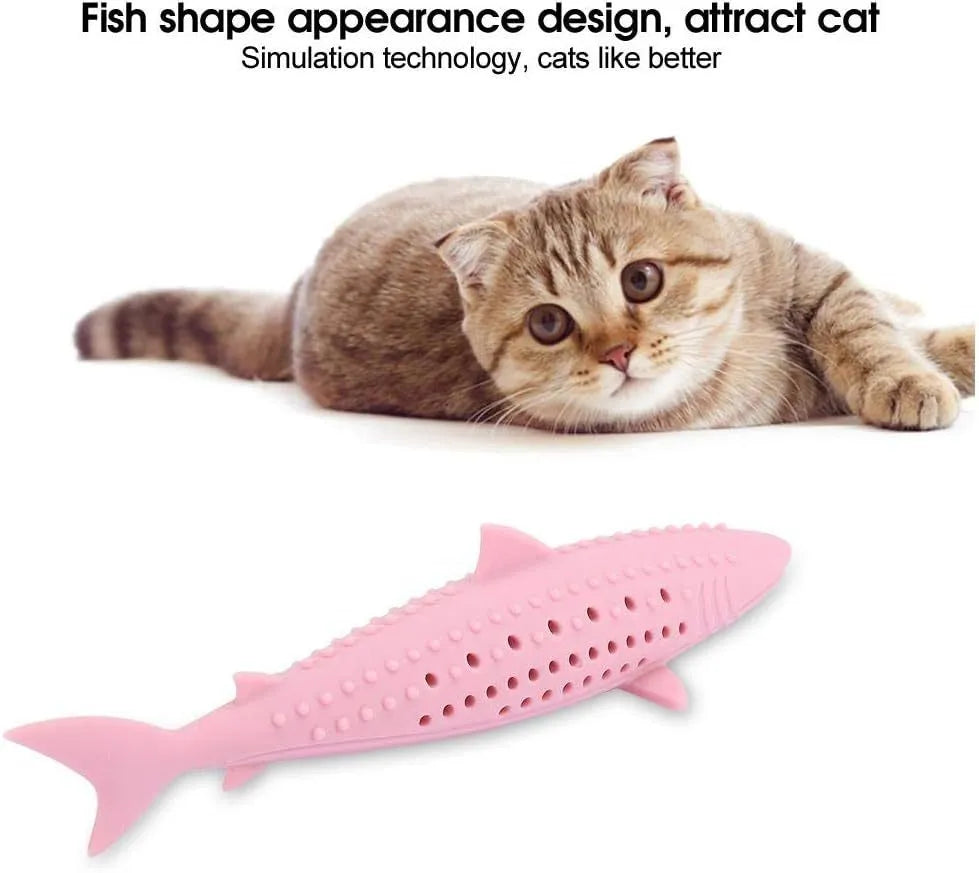 Green silicone fish-shaped cat chew toy with breathable side holes and catnip compartment, measuring 3.5x15.5cm