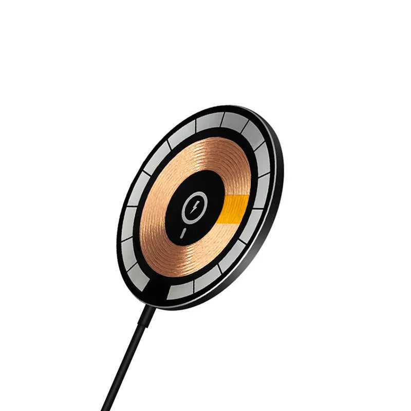 Round 15W magnetic wireless charger disc in white, black, and transparent finishes on a desk