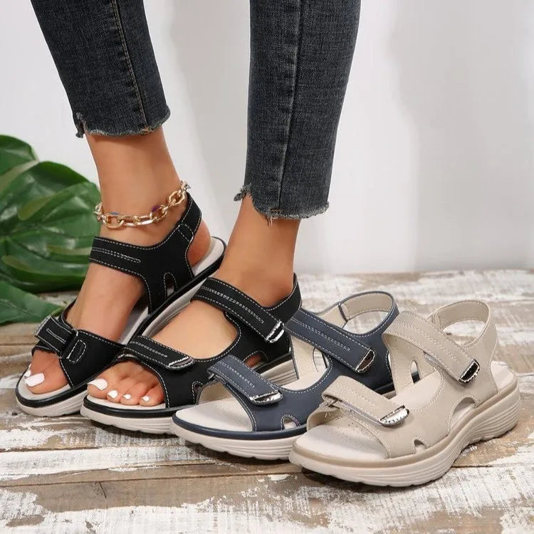 Casual Velcro-design women's summer beach sandals with PU upper and rubber sole in black, dark blue, and grey options