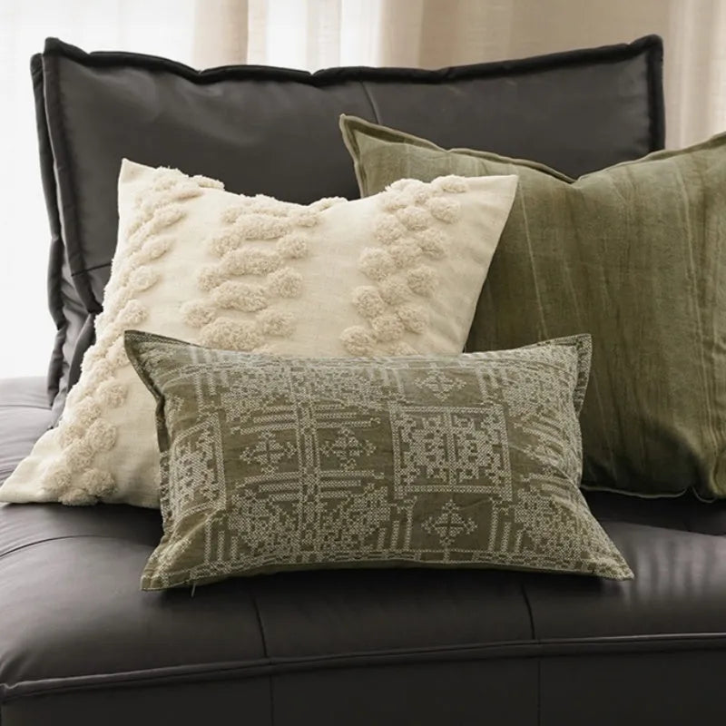 Ethnic style green natural pillowcase with feather fabric pillow core, 50x50cm, on a neutral background