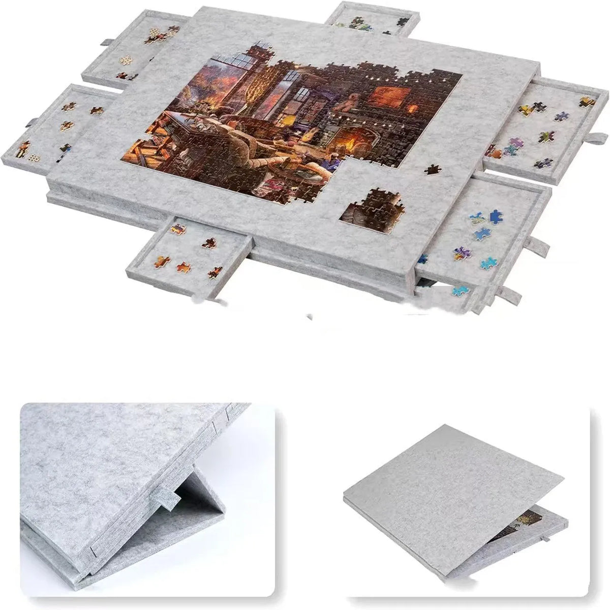 Drawer-style portable children's jigsaw puzzle board in felt polyester fibre, 60x40 cm size, light grey colour option