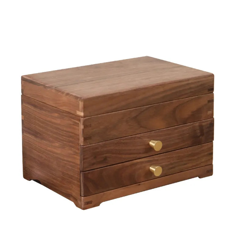 Black walnut cosmetic storage cabinet with pull-out double-layer, paulownia wood, brass, and tempered glass, 24x17x17cm