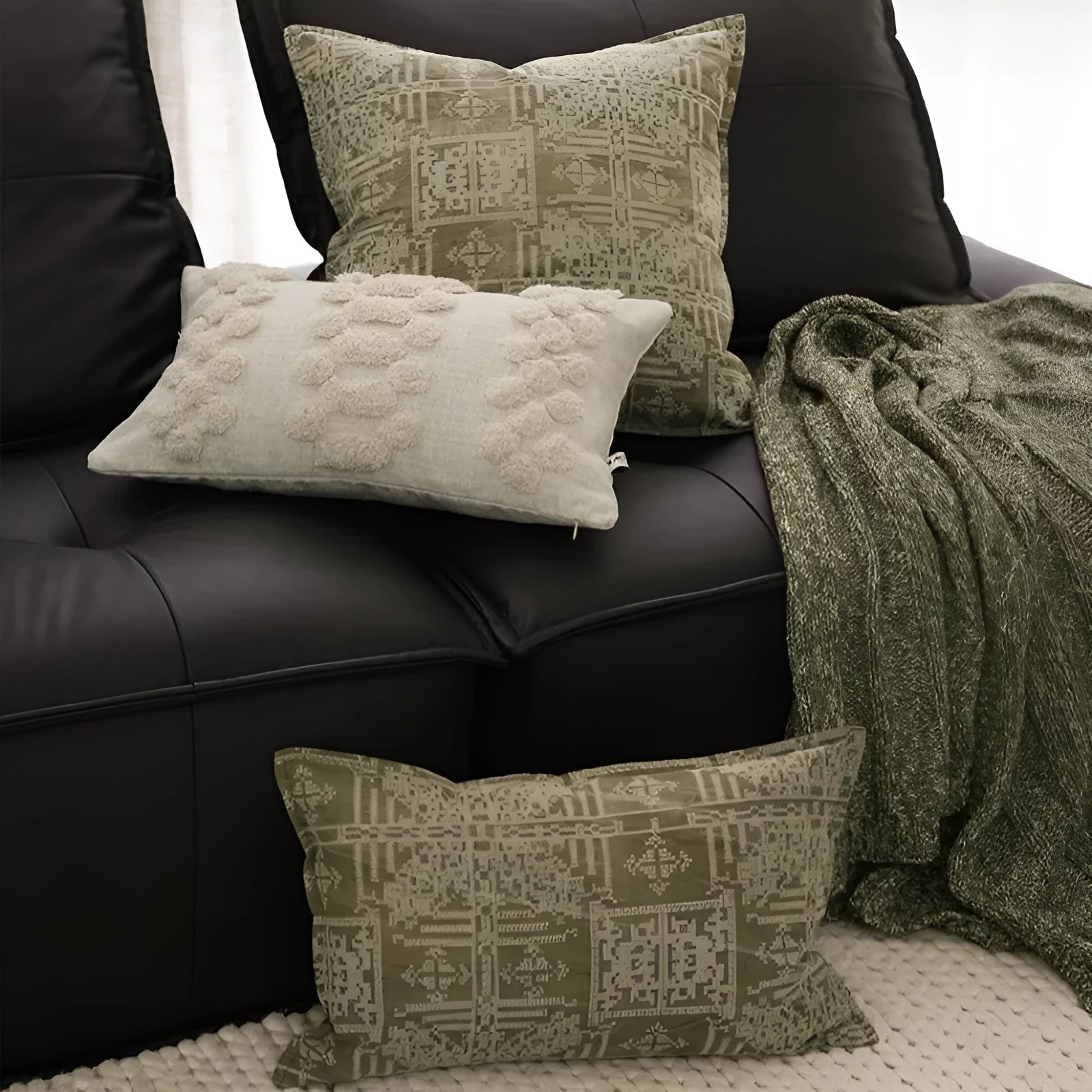 Ethnic style green natural pillowcase with feather fabric pillow core, 50x50cm, on a neutral background