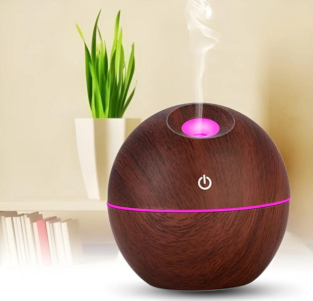 USB ultrasonic essential oil diffuser humidifier with 7 colour LED night light, light wood finish, 95x100mm