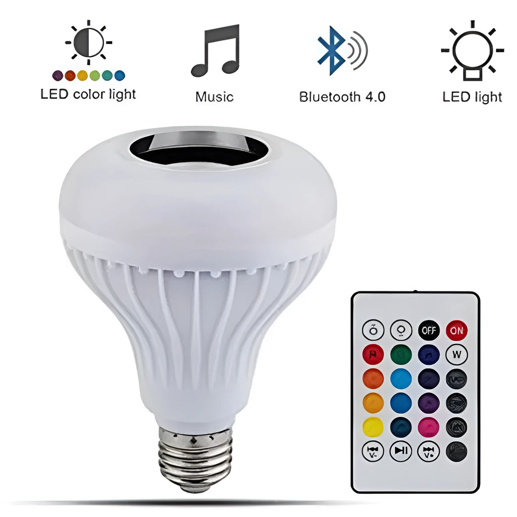 White Bluetooth speaker LED light bulb with E27 screw base for colour changing lighting and wireless audio.
