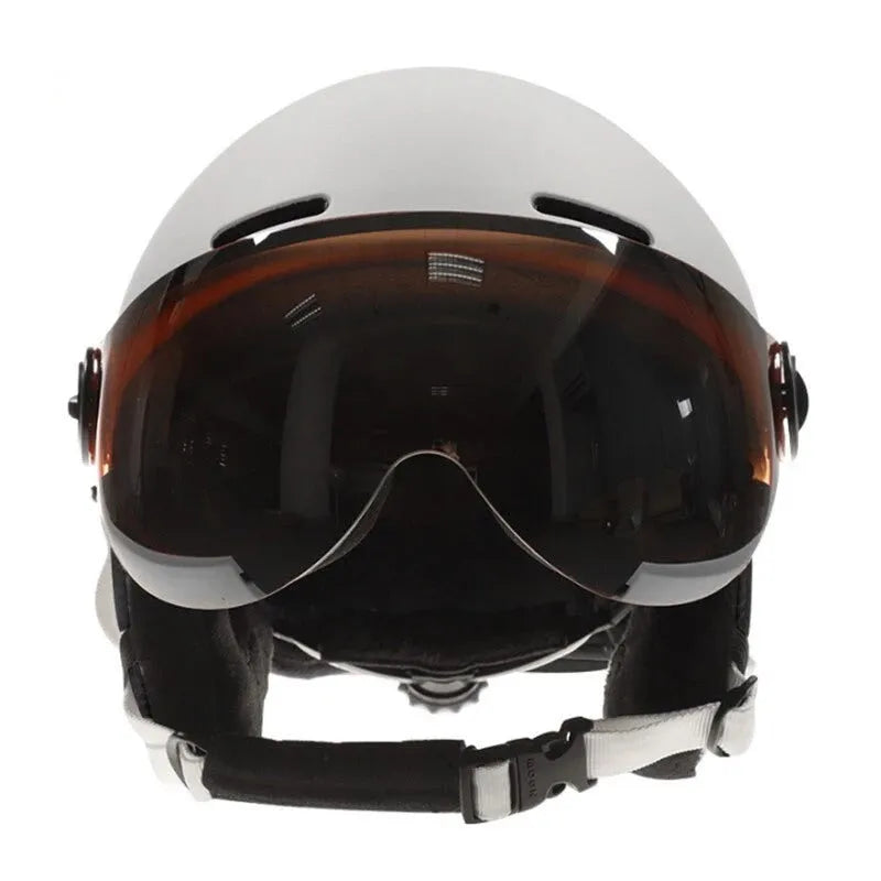 Moon ski helmet with retractable sun visor, polycarbonate shell, EPS coating, cotton lining, ear protector, and adjustable dial.