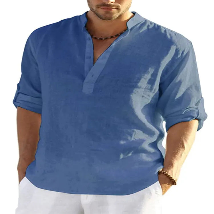 Men's solid colour long sleeve casual shirt in cotton linen fabric with a stand collar.