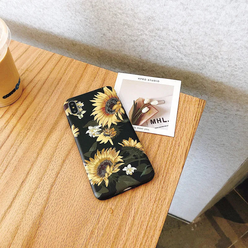 Black sunflower flower phone case for iPhone models, silicone TPU back cover with oil spray water paste floral design