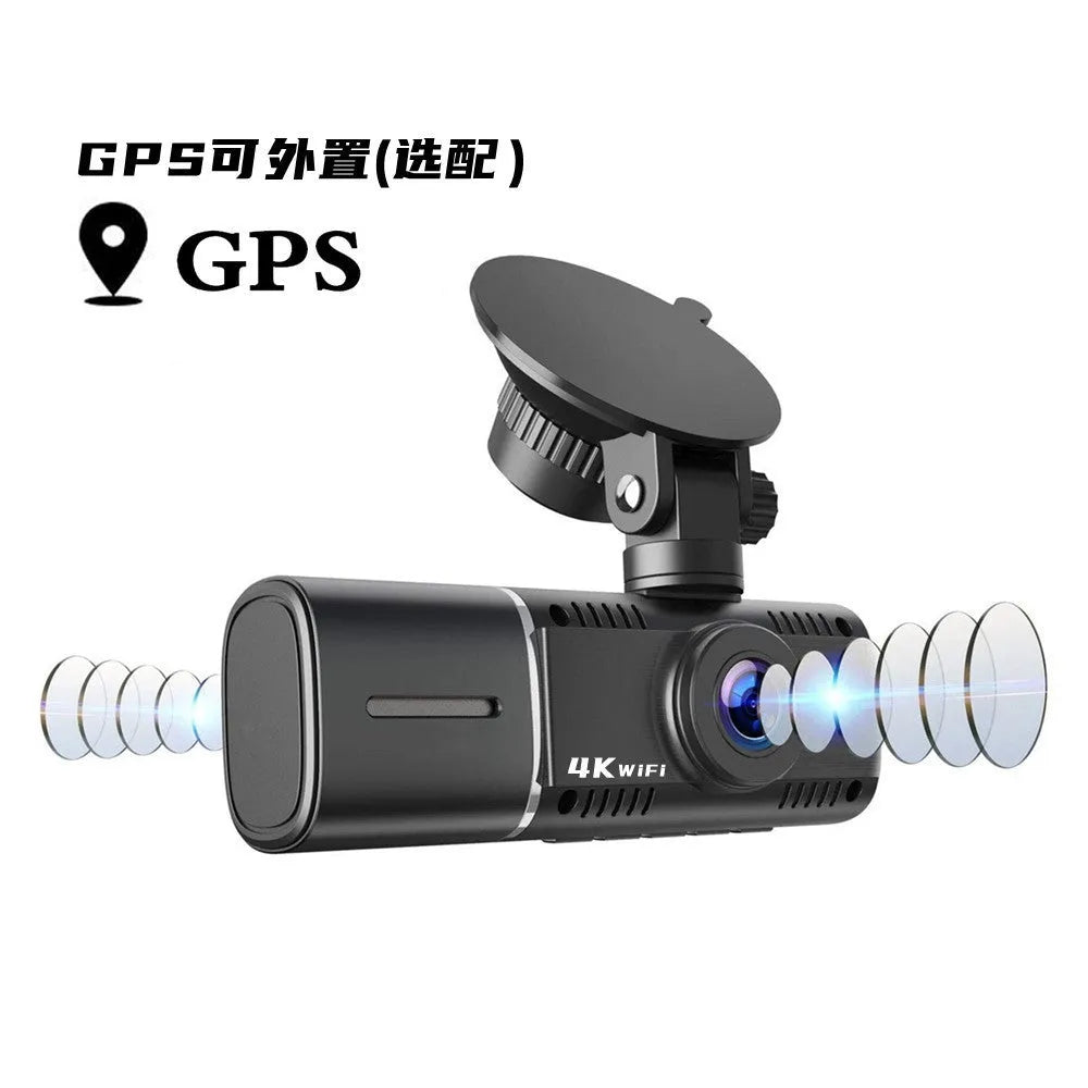 Standard black dual-channel car dash cam with 1.5-inch screen, rear camera, mount, and car charger on box.