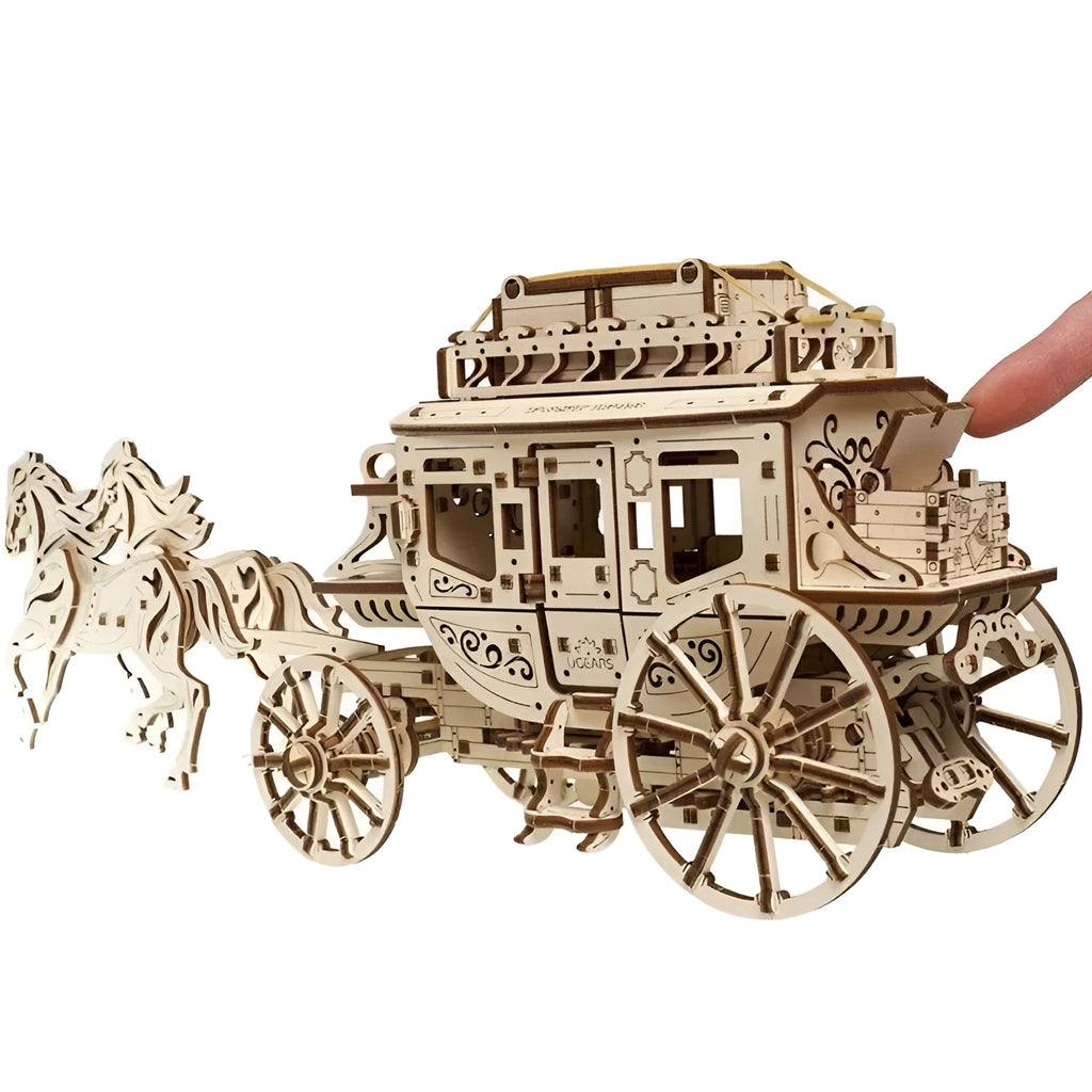 Wooden gear block mechanical transmission model in Stagecoach colour style assembled on a table