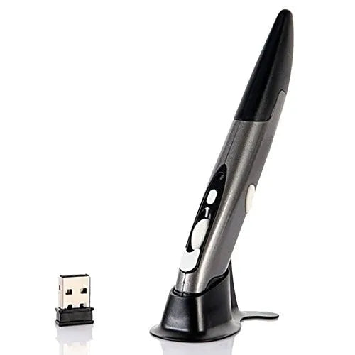 Wireless optical pen mouse in blue pen shape with USB receiver and support stand