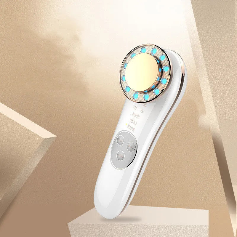 7 in 1 facial massager in platinum or silver with red blue light and EMS micro current, 45 x 55 x 151 mm