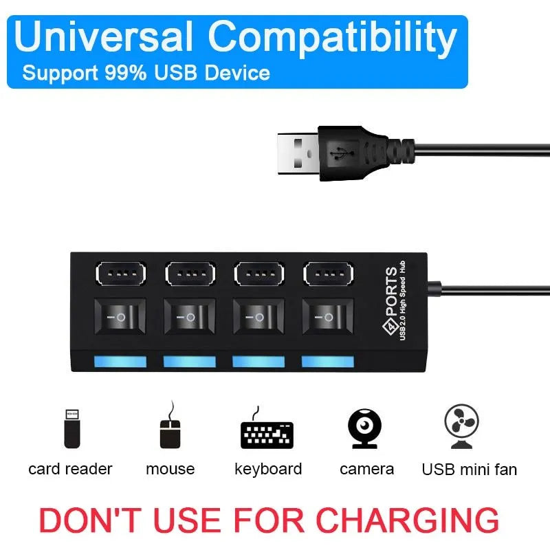 Black and white USB hub for laptops with 4 or 7 ports, no external power required