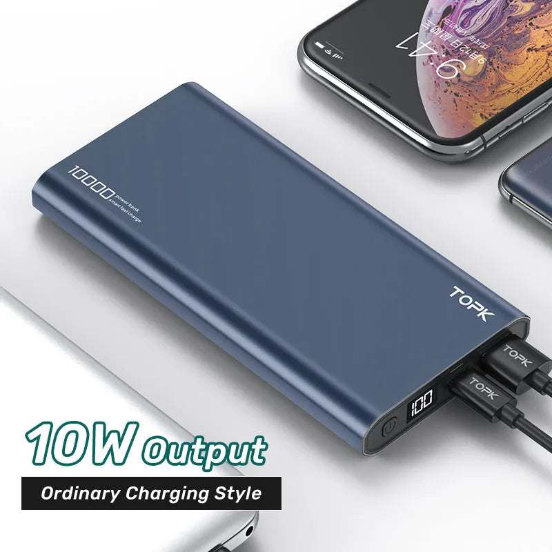 Silver 10,000 mAh fast charging power bank with digital display and metal shell on white background