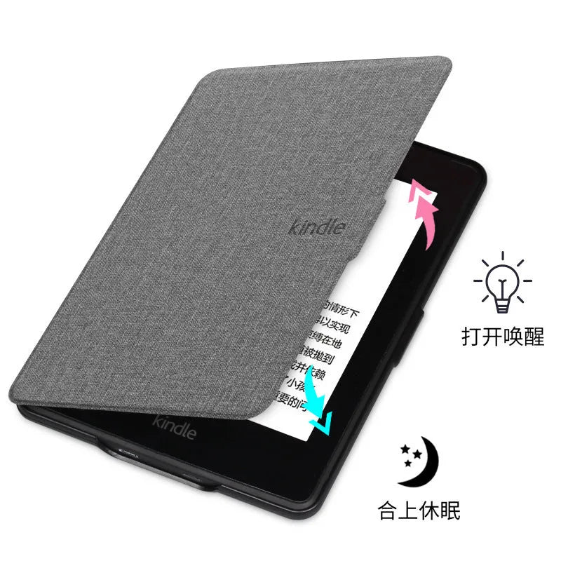 Linen texture Kindle Paperwhite hard case with magnetic closure shown in purple colour.