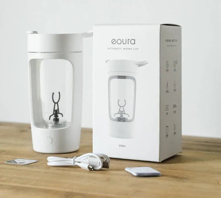 Portable automatic blender cup in black, blue, pink or white, showing 650ml capacity and compact size