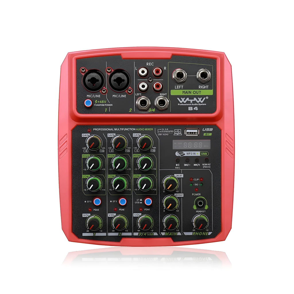 Reverb audio processor unit with USB port, power adapter, and cables, in green, red, or yellow finish.