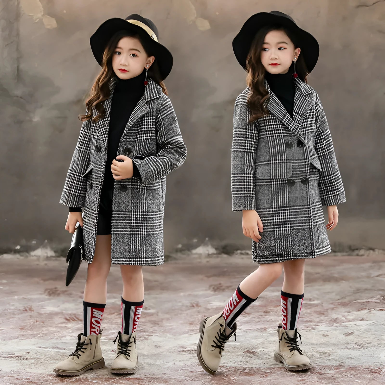 Grey houndstooth plaid winter coat for girls with suit collar and long sleeves.