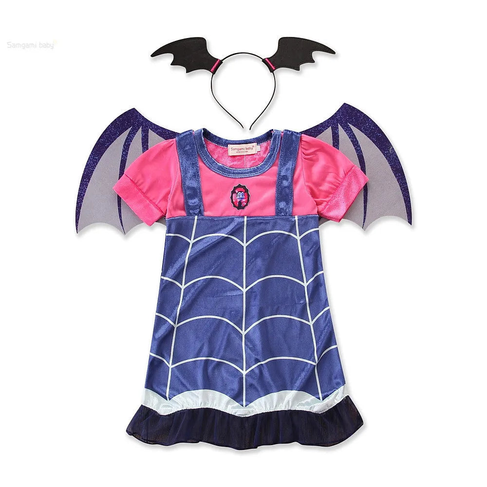 Blue cotton short sleeve princess dress for a young child, shown on a hanger.