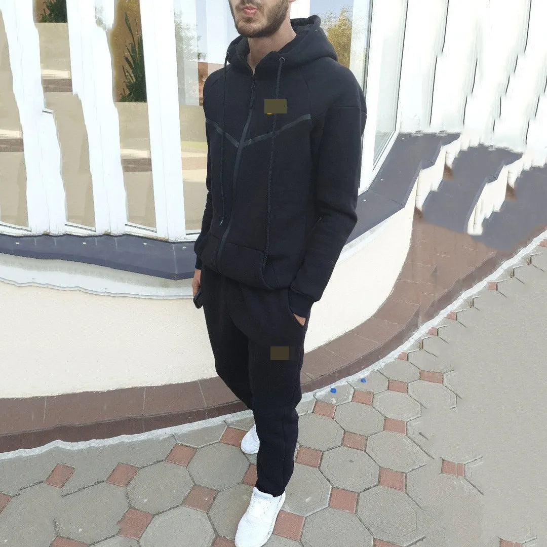 Two-piece sports and leisure set in black spandex, front view, sizes S to XL