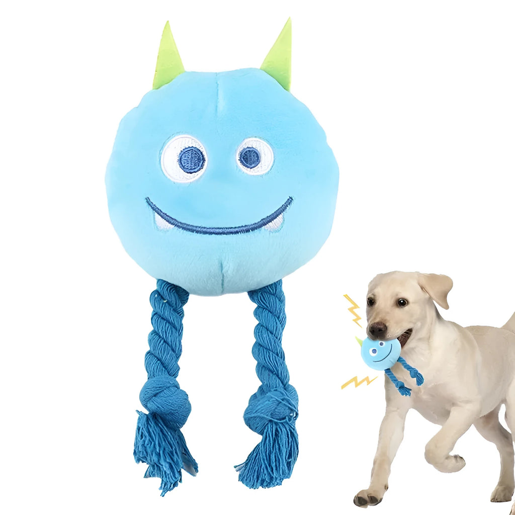 Blue cotton rope dog squeaky toy with strong knot design and cartoon animal shape