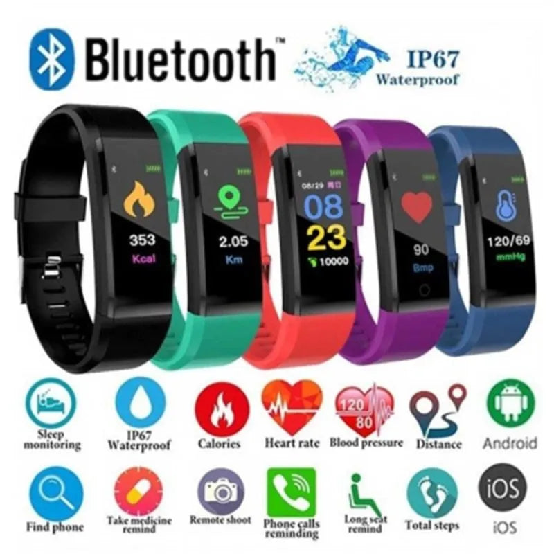 Smart wristband fitness tracker with 0.96in colour LED screen, heart rate monitor, TPU band, available in Black, Blue, Green, Purple and Red.
