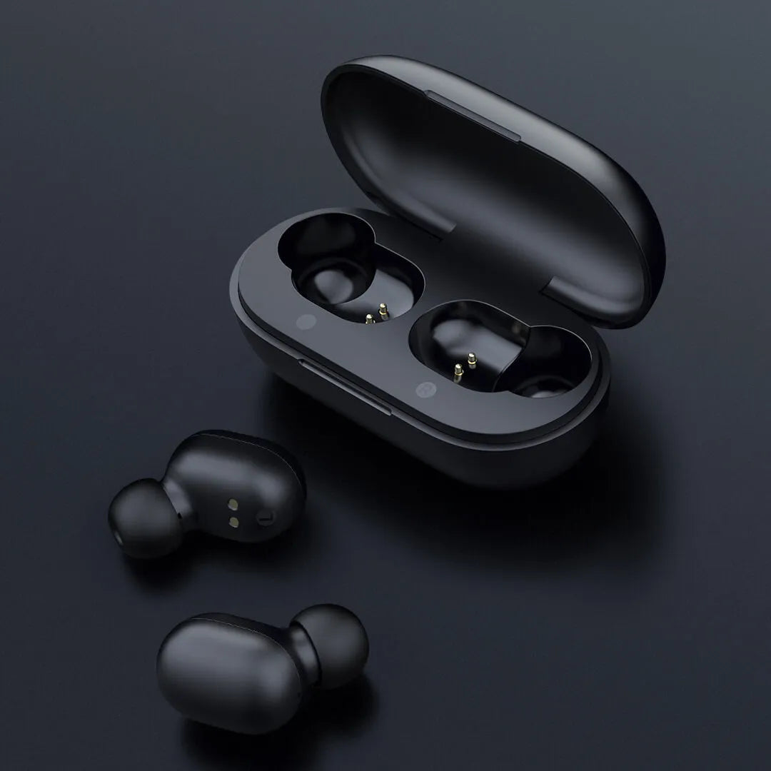 Black true wireless Bluetooth earbuds with stereo sound and Bluetooth 5.0 connectivity