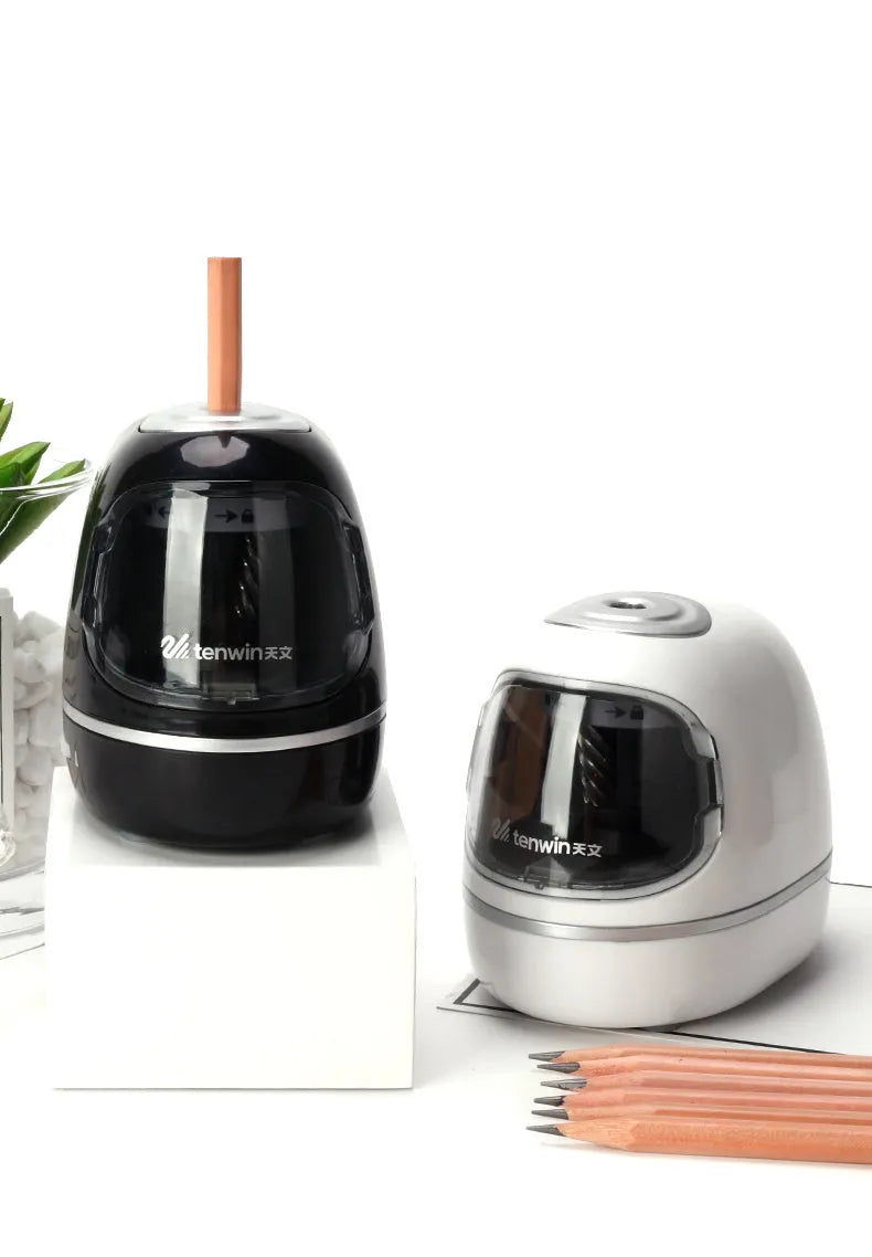 Electric pencil sharpener with three-speed dial and auto-stop, plastic body, black colour, compact size