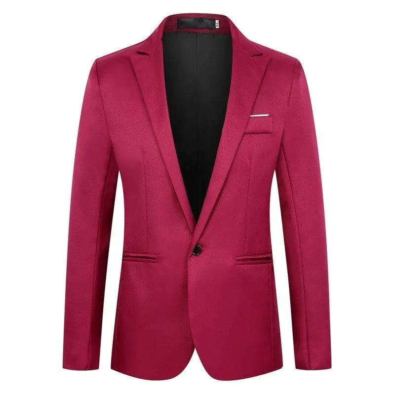 Loose fit men's acetate suit jacket for weddings in multiple colours including black, blue, and wine red.