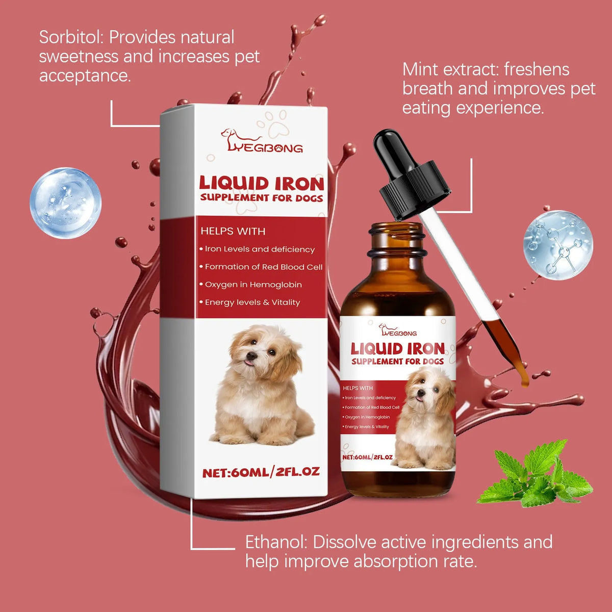 60ml pet dog syrup bottle with mint extract, purified water, and erythritol, measuring 3.3cm x 12cm
