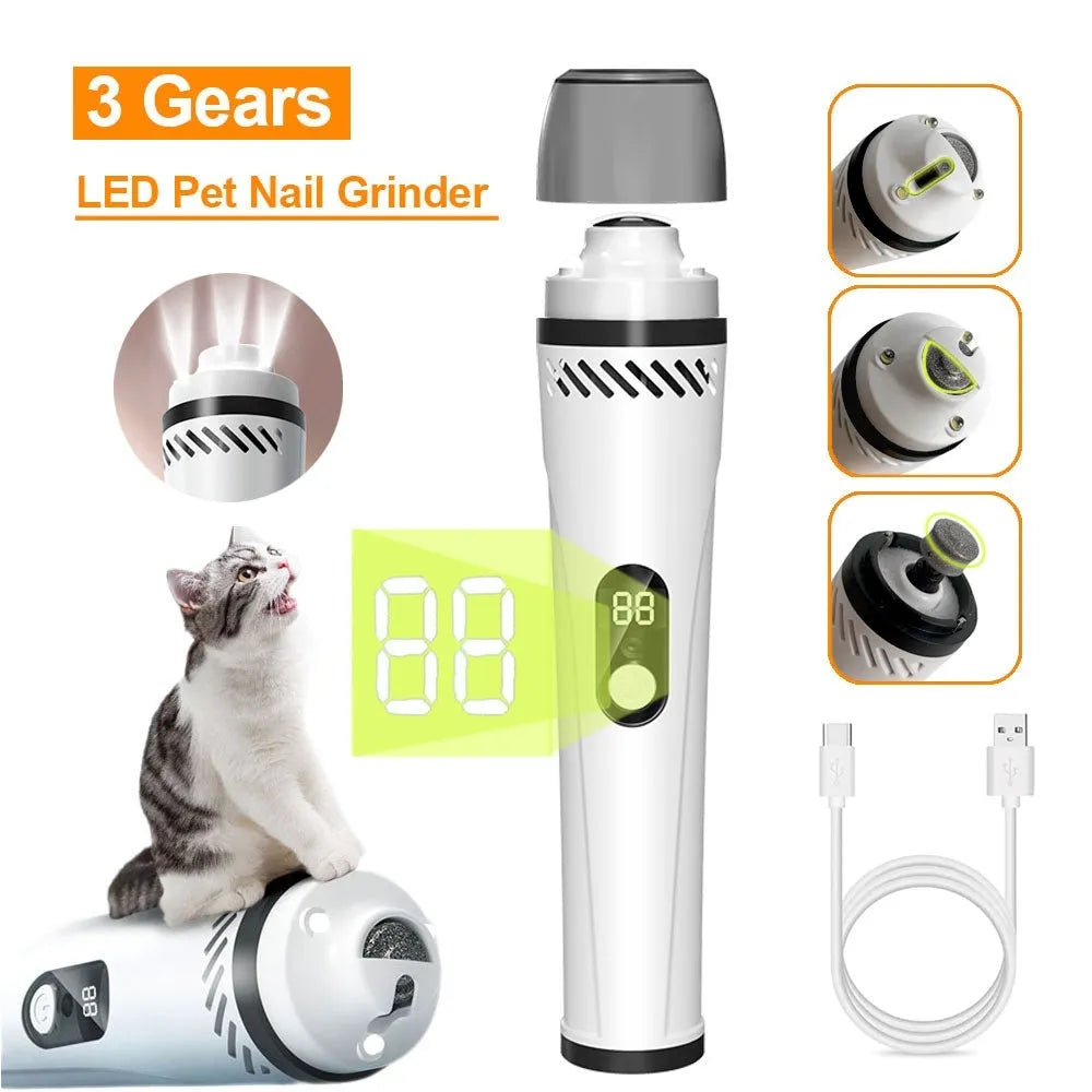 Electric dog nail trimmer with LED display showing 3-speed settings and dual-light indicators.