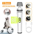 Electric dog nail trimmer with LED display showing 3-speed settings and dual-light indicators.
