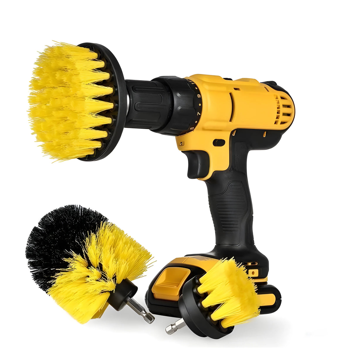 Electric drill brush set with flat, corner and dome brushes in various colours and sizes for cleaning floors, tiles and car tires.