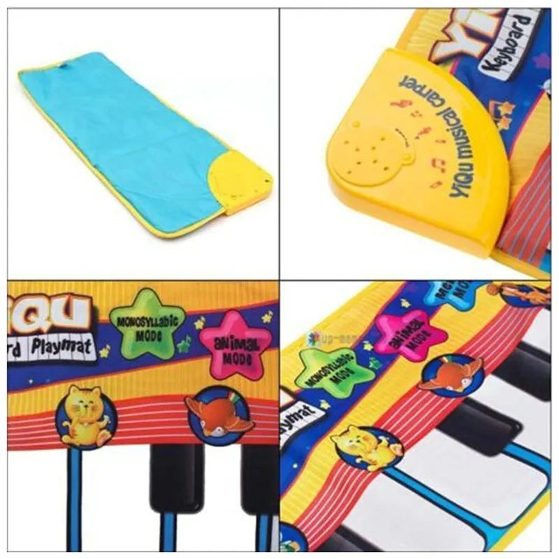 Baby musical piano playmat with colourful shapes and kick-activated placket on soft fabric floor mat